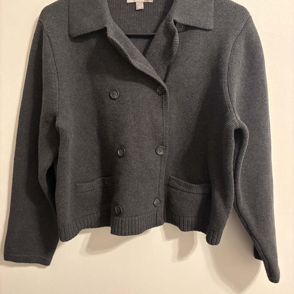 J.Crew Marielle Double-Breasted Cropped Knit Cardigan Sweater in Charcoal Gray L